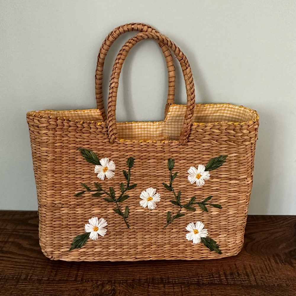 Charming Floral Embroidered Natural Fibre Woven Tote Bag